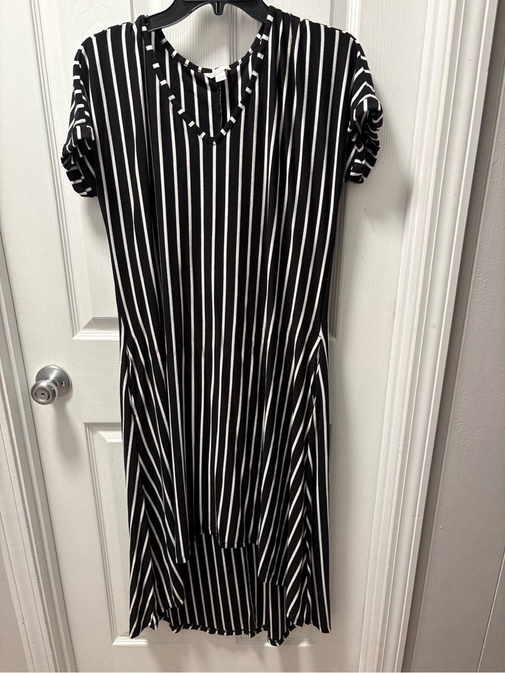 Cato Black and White Vertical Stripe V-Neck High-Low Dress